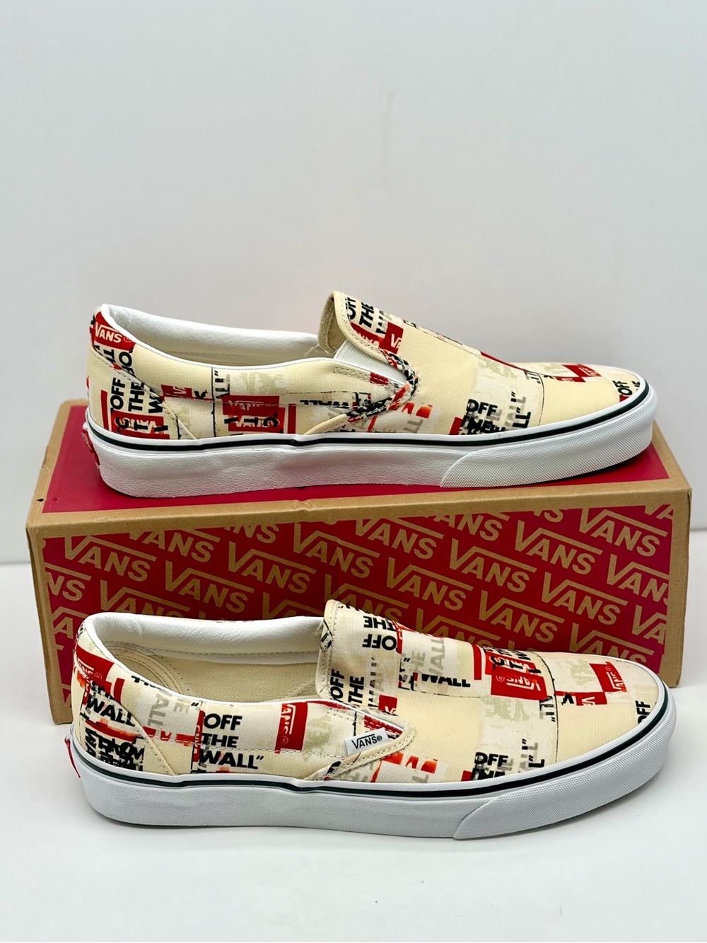 Vans Cream Slip-On with Red & Black 'Off The Wall' Graphic men’s 10.5